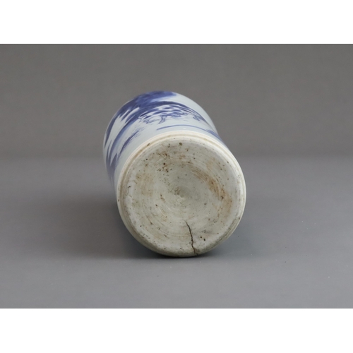 73 - A Blue and White 'Horse and Groom' Vase, Chongzhen, of almost cylindrical form, well painted in soft... 