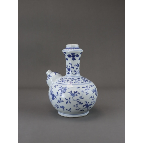 75 - A Rare Blue and White Kendi, Chongzhen, well painted in soft tones of blue with a continuous delicat... 