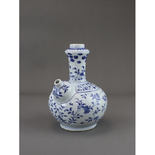 75 - A Rare Blue and White Kendi, Chongzhen, well painted in soft tones of blue with a continuous delicat... 