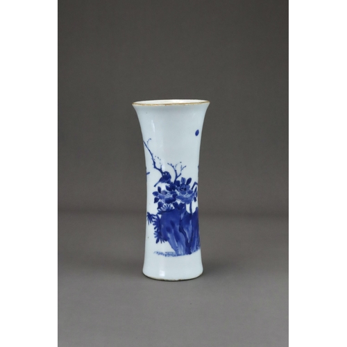 76 - A Blue and White Beaker Vase with Birds and Flowers, Transitional of waisted form flaring to the mou... 