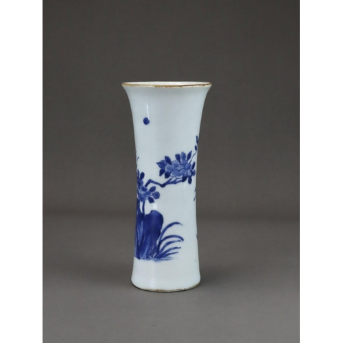 76 - A Blue and White Beaker Vase with Birds and Flowers, Transitional of waisted form flaring to the mou... 