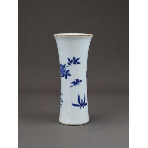 76 - A Blue and White Beaker Vase with Birds and Flowers, Transitional of waisted form flaring to the mou... 