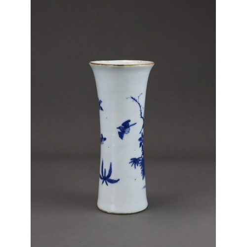 76 - A Blue and White Beaker Vase with Birds and Flowers, Transitional of waisted form flaring to the mou... 