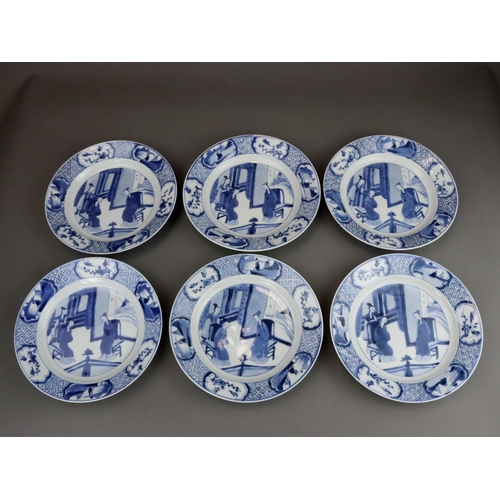 84 - A Set of 6 Blue and White Figural Plates, Kangxi of circular shape with everted rim, painted  in the... 