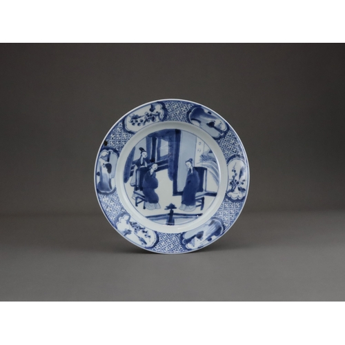 84 - A Set of 6 Blue and White Figural Plates, Kangxi of circular shape with everted rim, painted  in the... 