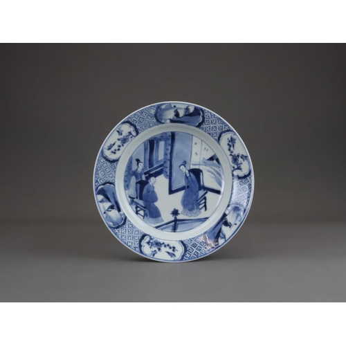 84 - A Set of 6 Blue and White Figural Plates, Kangxi of circular shape with everted rim, painted  in the... 