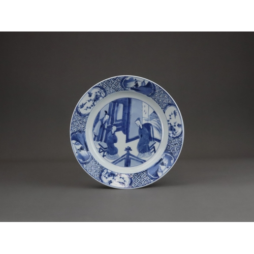 84 - A Set of 6 Blue and White Figural Plates, Kangxi of circular shape with everted rim, painted  in the... 