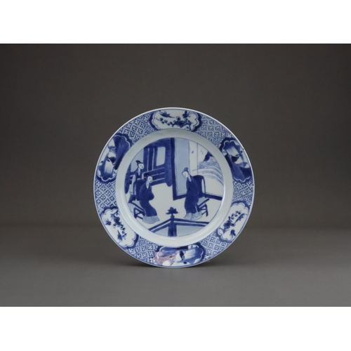 84 - A Set of 6 Blue and White Figural Plates, Kangxi of circular shape with everted rim, painted  in the... 