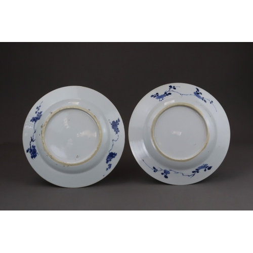 86 - A Pair of  Blue and White Armorial  Floral Plates, Kangxi with peony and rocks painted in blue and w... 