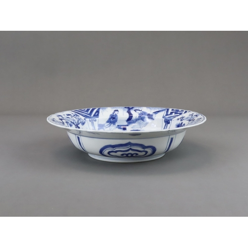 87 - A Good Blue and White Small Basin with Ladies, Kangxi well painted in good blue in a central medalli... 