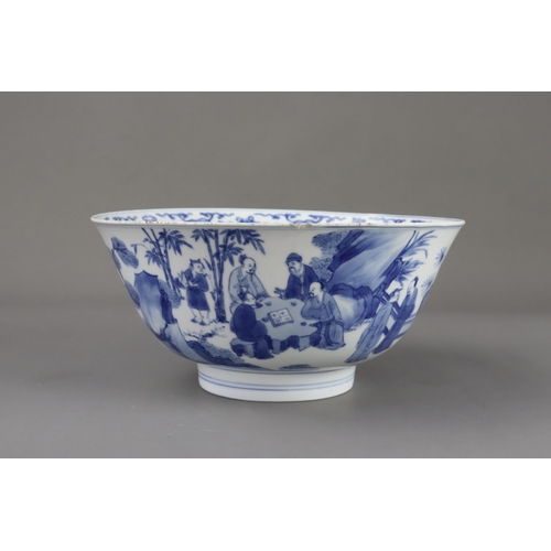 93 - A Blue and White Bowl with Scholars, six character Kangxi mark and of the period well painted in ric... 