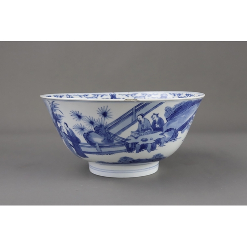 93 - A Blue and White Bowl with Scholars, six character Kangxi mark and of the period well painted in ric... 