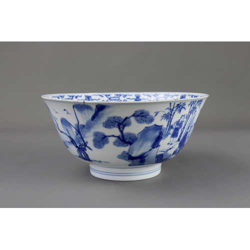 93 - A Blue and White Bowl with Scholars, six character Kangxi mark and of the period well painted in ric... 