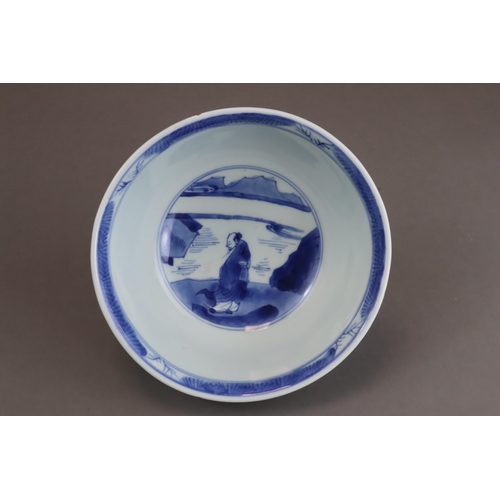 94 - A Good Blue and White Bowl with Figures, early Kangxi  painted on the exterior in strong blue with a... 