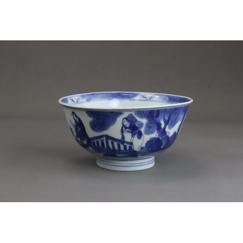 94 - A Good Blue and White Bowl with Figures, early Kangxi  painted on the exterior in strong blue with a... 