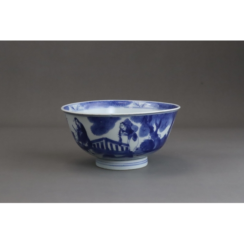 94 - A Good Blue and White Bowl with Figures, early Kangxi  painted on the exterior in strong blue with a... 