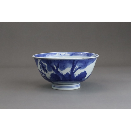 94 - A Good Blue and White Bowl with Figures, early Kangxi  painted on the exterior in strong blue with a... 