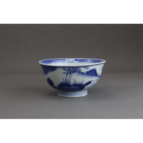 94 - A Good Blue and White Bowl with Figures, early Kangxi  painted on the exterior in strong blue with a... 