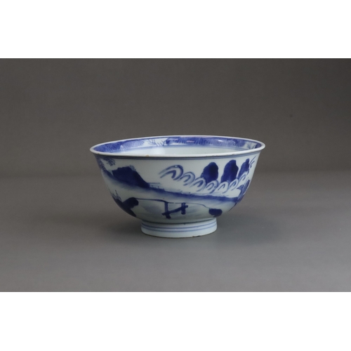 94 - A Good Blue and White Bowl with Figures, early Kangxi  painted on the exterior in strong blue with a... 