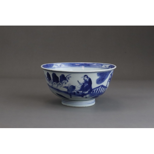 94 - A Good Blue and White Bowl with Figures, early Kangxi  painted on the exterior in strong blue with a... 