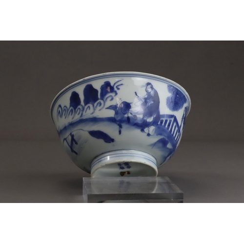 94 - A Good Blue and White Bowl with Figures, early Kangxi  painted on the exterior in strong blue with a... 