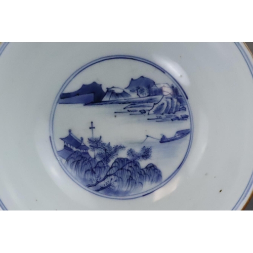 96 - A Blue and White Landscape Bowl, six character mark of Jiajing, Kangxi well painted on the exterior ... 