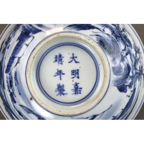 96 - A Blue and White Landscape Bowl, six character mark of Jiajing, Kangxi well painted on the exterior ... 