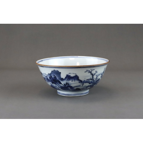 96 - A Blue and White Landscape Bowl, six character mark of Jiajing, Kangxi well painted on the exterior ... 