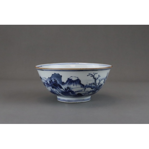 96 - A Blue and White Landscape Bowl, six character mark of Jiajing, Kangxi well painted on the exterior ... 