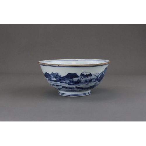 96 - A Blue and White Landscape Bowl, six character mark of Jiajing, Kangxi well painted on the exterior ... 