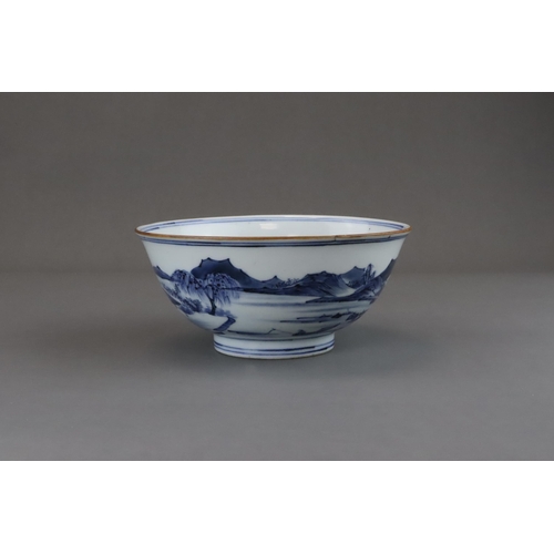 96 - A Blue and White Landscape Bowl, six character mark of Jiajing, Kangxi well painted on the exterior ... 