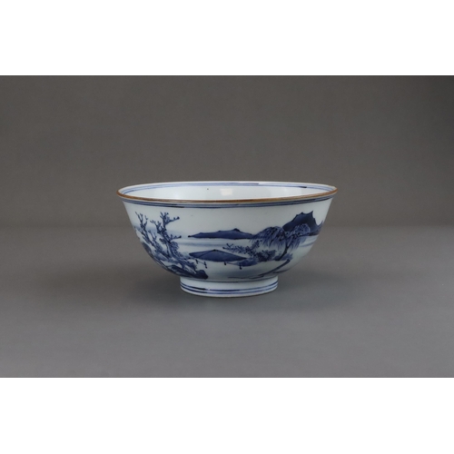 96 - A Blue and White Landscape Bowl, six character mark of Jiajing, Kangxi well painted on the exterior ... 