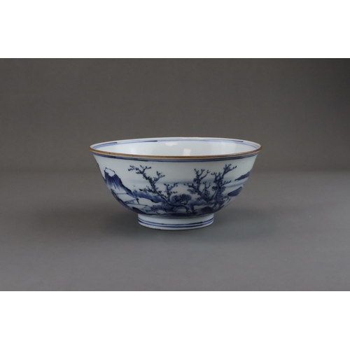 96 - A Blue and White Landscape Bowl, six character mark of Jiajing, Kangxi well painted on the exterior ... 