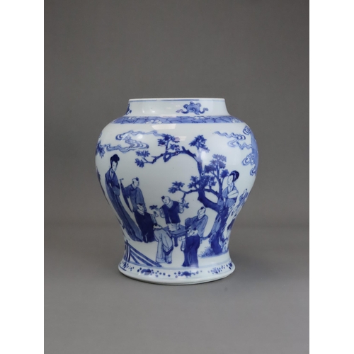 98 - A Blue and White Jar with Boys Playing, Kangxi of baluster form, the sides finely painted in rich bl... 