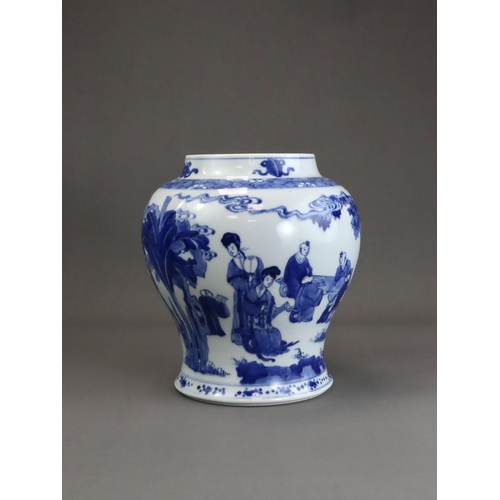 98 - A Blue and White Jar with Boys Playing, Kangxi of baluster form, the sides finely painted in rich bl... 