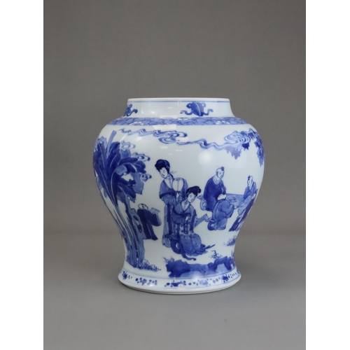 98 - A Blue and White Jar with Boys Playing, Kangxi of baluster form, the sides finely painted in rich bl... 