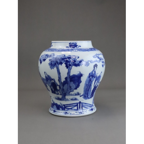 98 - A Blue and White Jar with Boys Playing, Kangxi of baluster form, the sides finely painted in rich bl... 