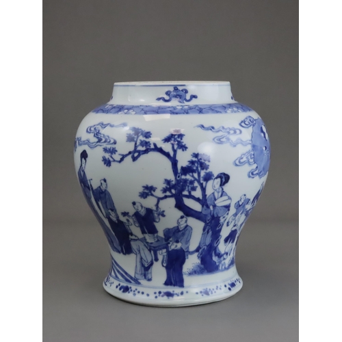 98 - A Blue and White Jar with Boys Playing, Kangxi of baluster form, the sides finely painted in rich bl... 