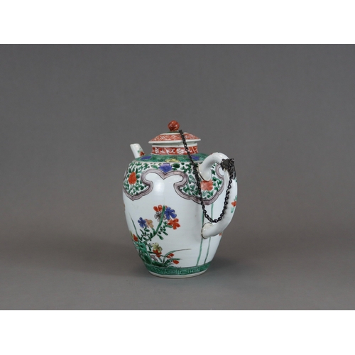 315 - A 'famille verte' Teapot and Cover, Kangxi, the teapot of tall ovoid form, with straight spout, deco... 