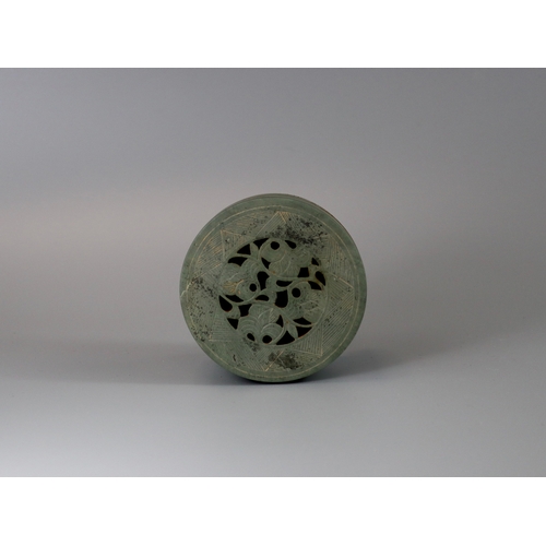 32 - A Rare Stone Cylindrical Tripod Incense Burner and Cover, Song dynasty the cover pierced with a scro... 