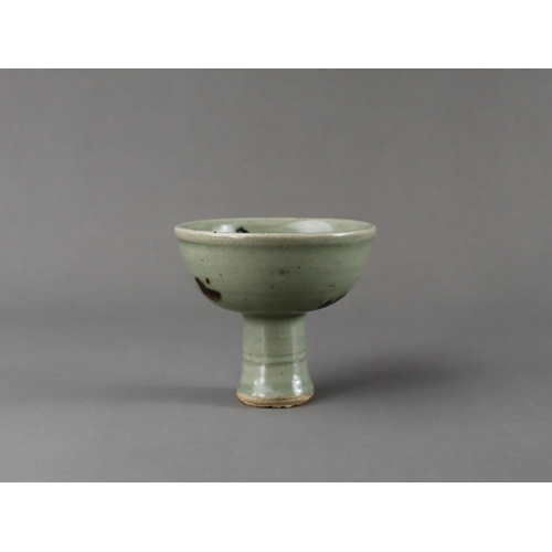 46 - A Longquan Celadon 'Tobi Seiji' Moulded Stemcup, Yuan dynasty  the waisted stem encircled by two rai... 