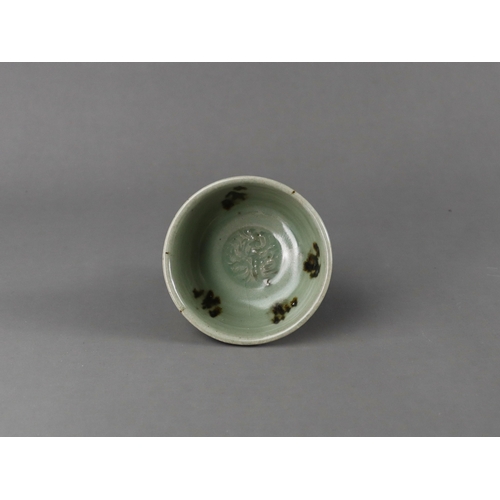 46 - A Longquan Celadon 'Tobi Seiji' Moulded Stemcup, Yuan dynasty  the waisted stem encircled by two rai... 