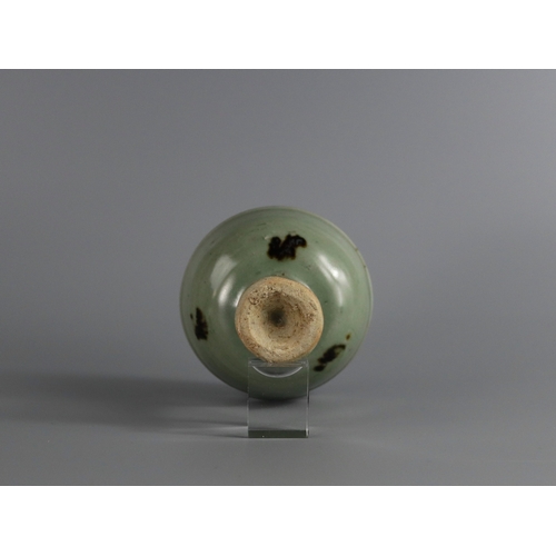 46 - A Longquan Celadon 'Tobi Seiji' Moulded Stemcup, Yuan dynasty  the waisted stem encircled by two rai... 