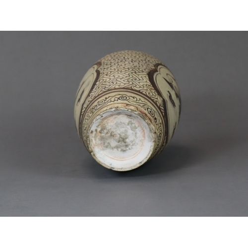 64 - A Jizhou Painted Vase, Song dynasty of baluster form, painted in brown on a white slip with two duck... 