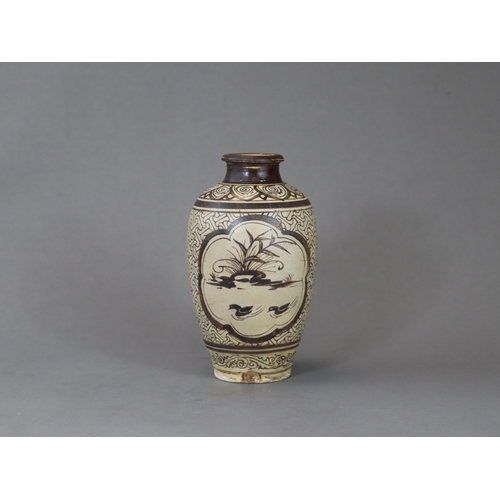 64 - A Jizhou Painted Vase, Song dynasty of baluster form, painted in brown on a white slip with two duck... 