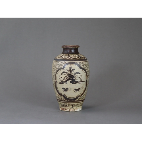 64 - A Jizhou Painted Vase, Song dynasty of baluster form, painted in brown on a white slip with two duck... 