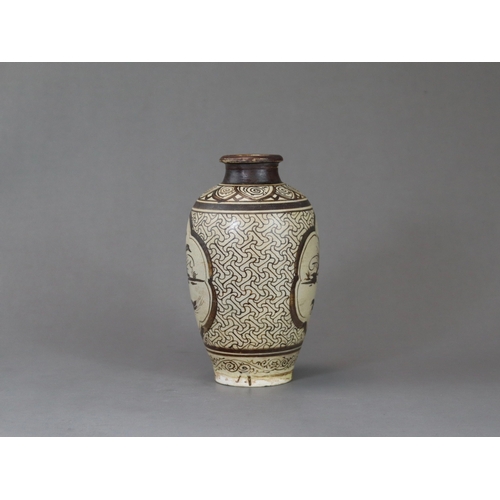 64 - A Jizhou Painted Vase, Song dynasty of baluster form, painted in brown on a white slip with two duck... 