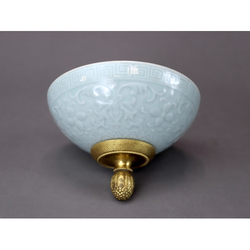 70 - A Celadon Stembowl and Cover carved with Lotus, six character mark of Qianlong the rounded exterior ... 