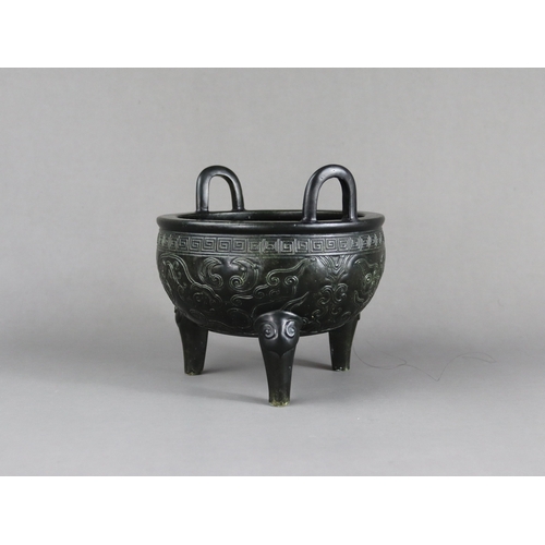 74 - A Rare Black Glazed Tripod Censer, liding, incised seal mark Xiyin Shuwu zhencang, Jiaqing period,  ... 