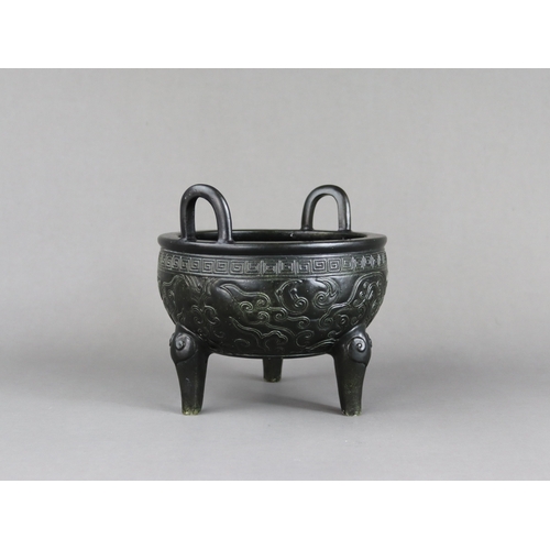 74 - A Rare Black Glazed Tripod Censer, liding, incised seal mark Xiyin Shuwu zhencang, Jiaqing period,  ... 